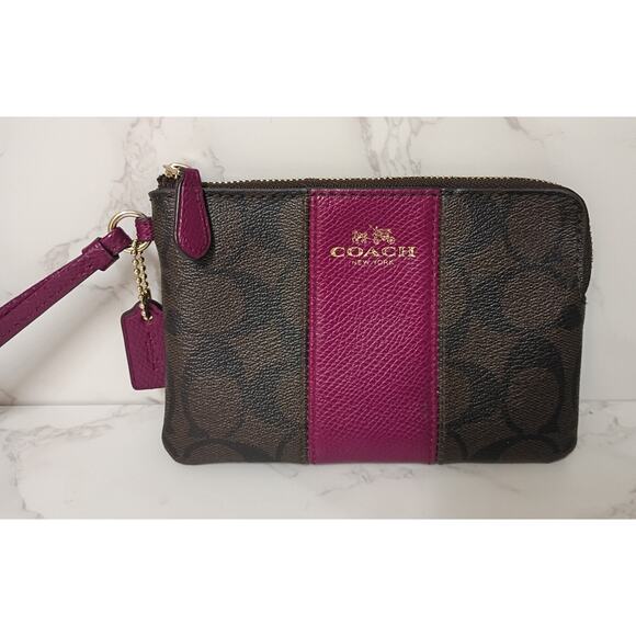 COACH Dark Brown/Hot Pink Signature Logo Zip Wristlet - Picture 1 of 6